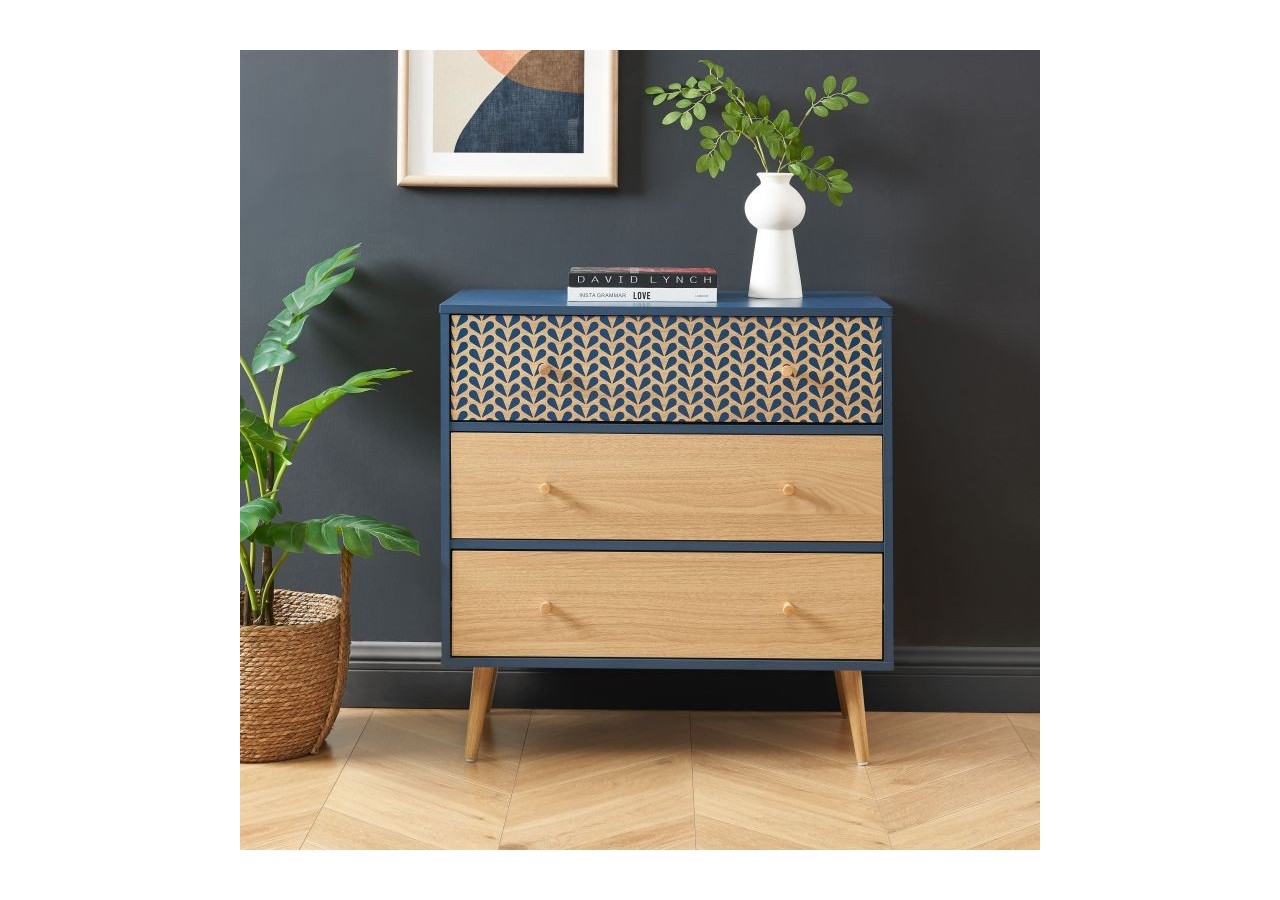 Commode CAPUCINE bleu pétrole et effet chêne 3 tiroirs 78cm