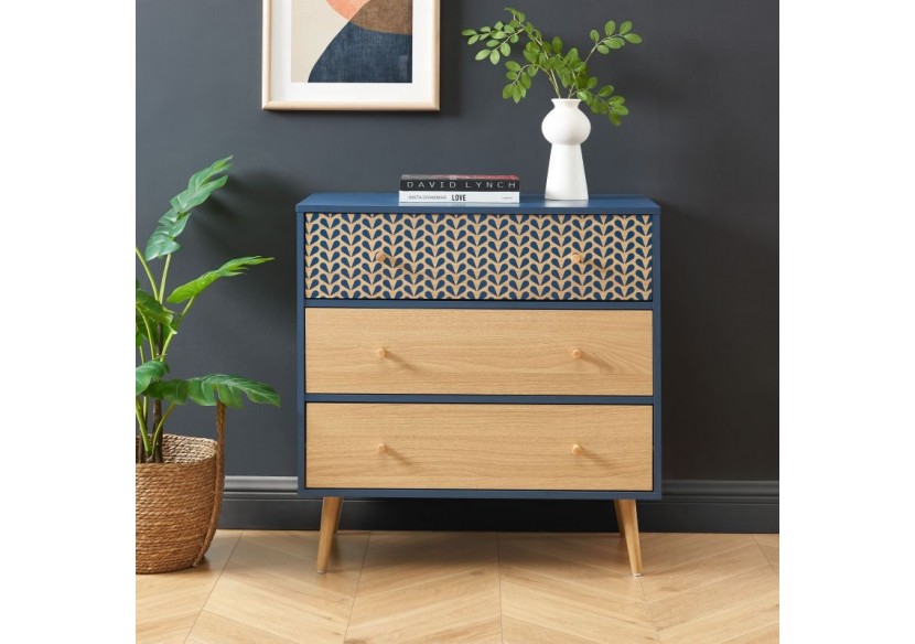 Commode CAPUCINE bleu pétrole et effet chêne 3 tiroirs 78cm
