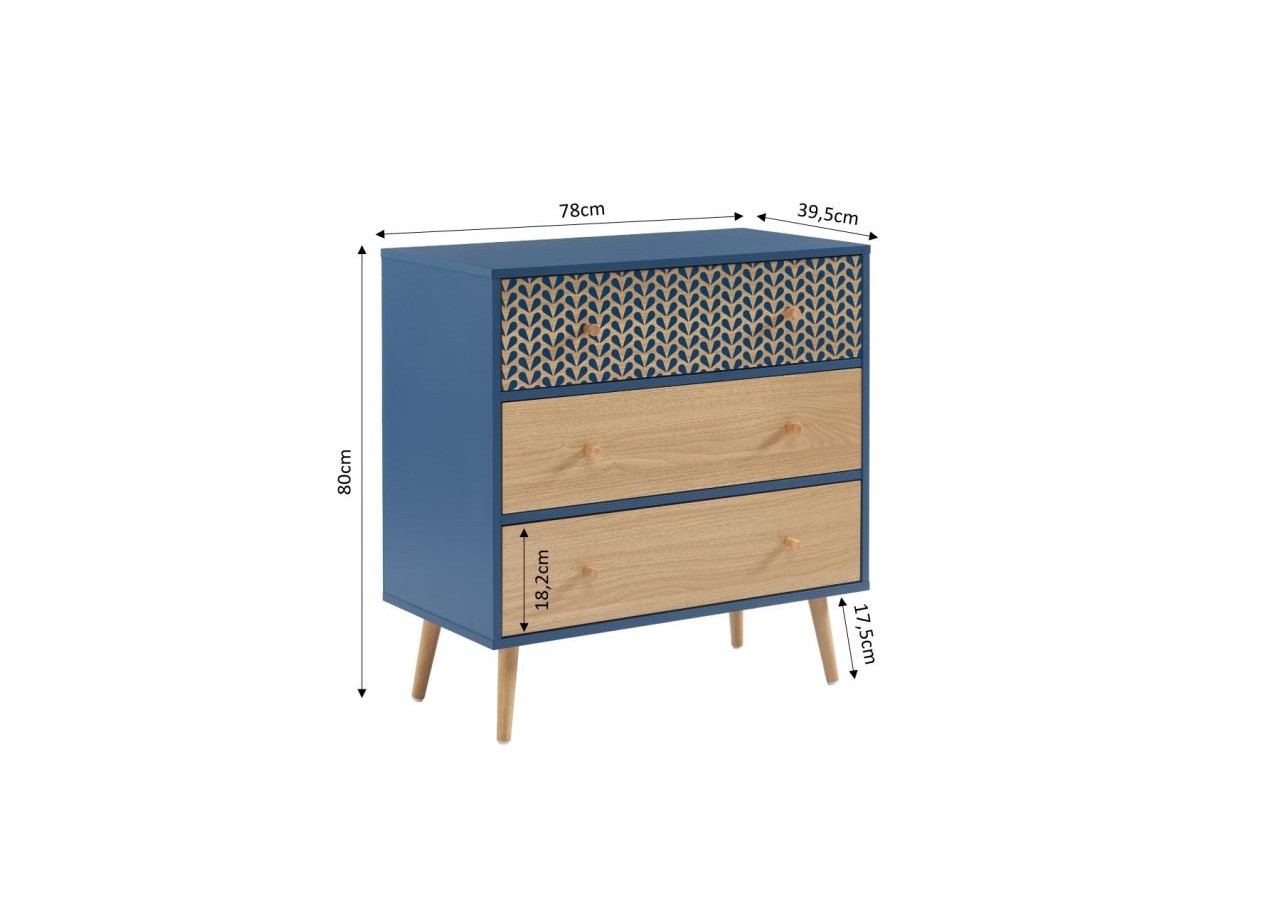 Commode CAPUCINE bleu pétrole et effet chêne 3 tiroirs 78cm