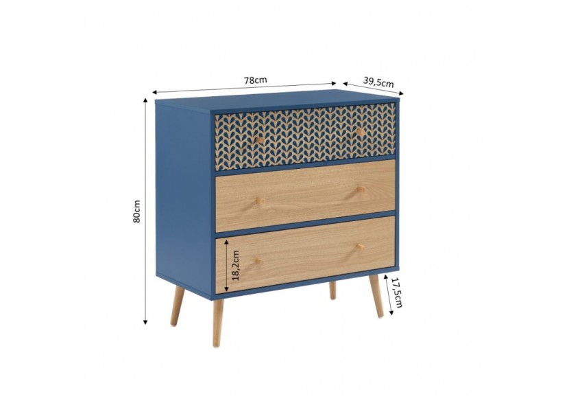 Commode CAPUCINE bleu pétrole et effet chêne 3 tiroirs 78cm