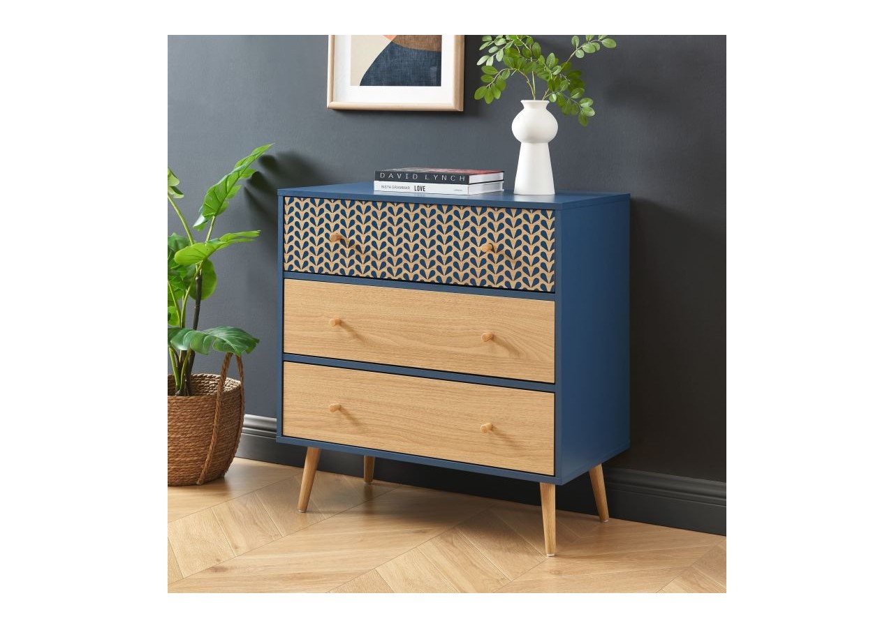 Commode CAPUCINE bleu pétrole et effet chêne 3 tiroirs 78cm