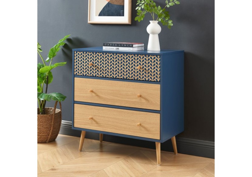 Commode CAPUCINE bleu pétrole et effet chêne 3 tiroirs 78cm