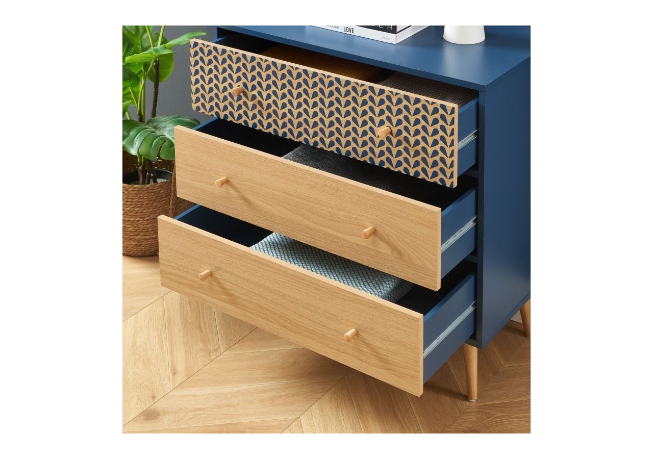 Commode CAPUCINE bleu pétrole et effet chêne 3 tiroirs 78cm