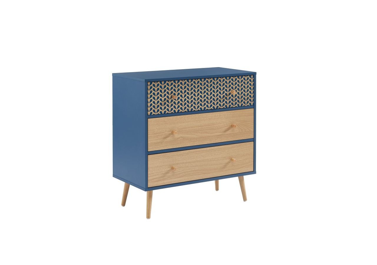 Commode CAPUCINE bleu pétrole et effet chêne 3 tiroirs 78cm