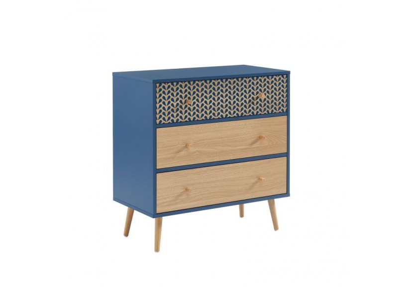 Commode CAPUCINE bleu pétrole et effet chêne 3 tiroirs 78cm