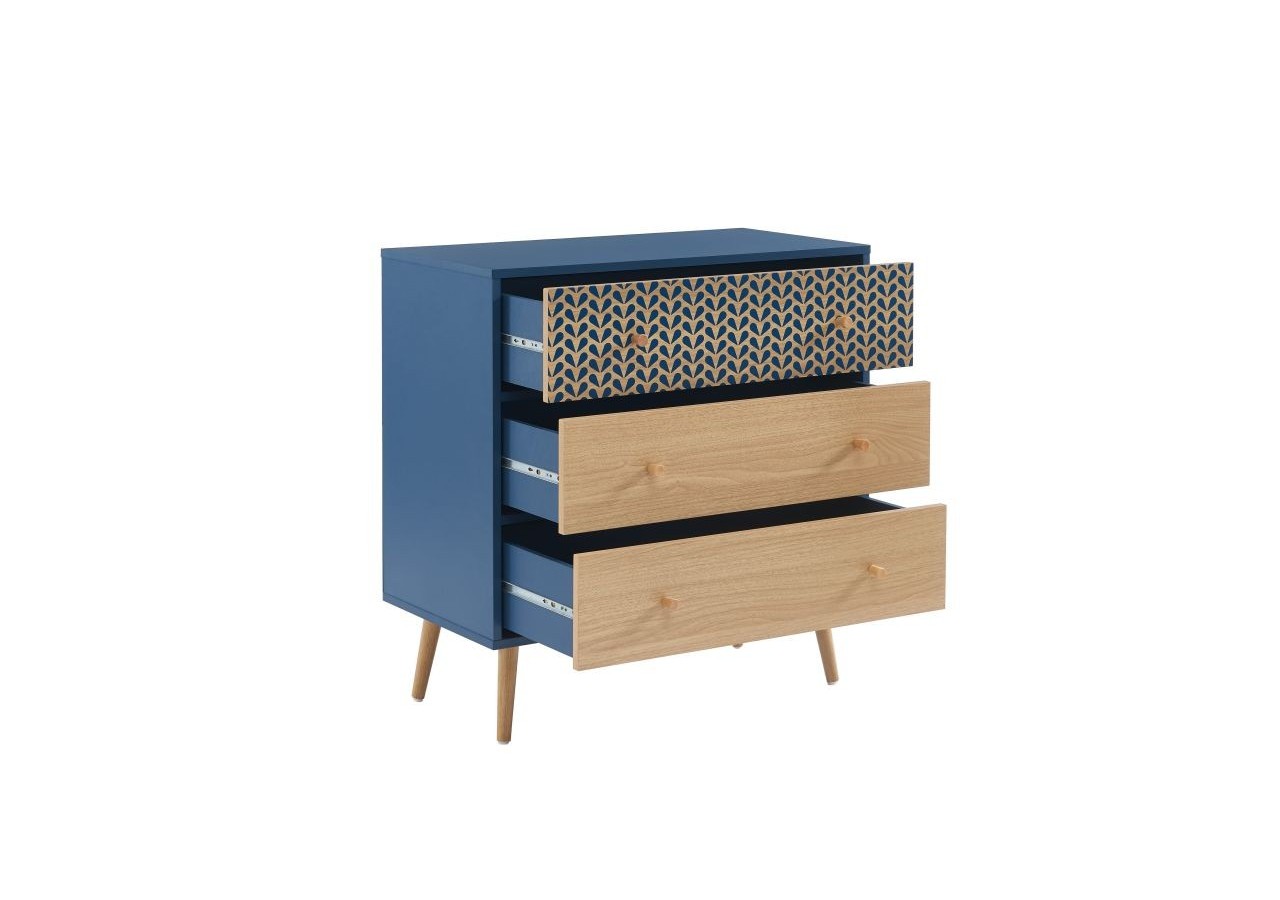 Commode CAPUCINE bleu pétrole et effet chêne 3 tiroirs 78cm