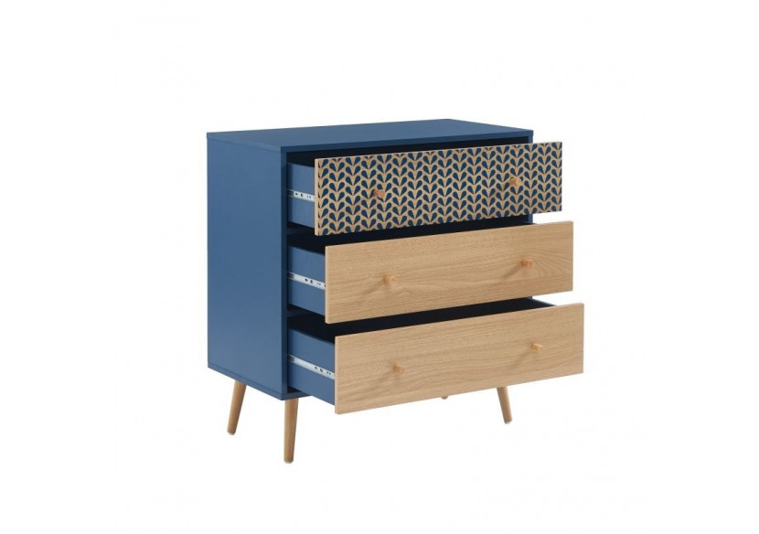 Commode CAPUCINE bleu pétrole et effet chêne 3 tiroirs 78cm