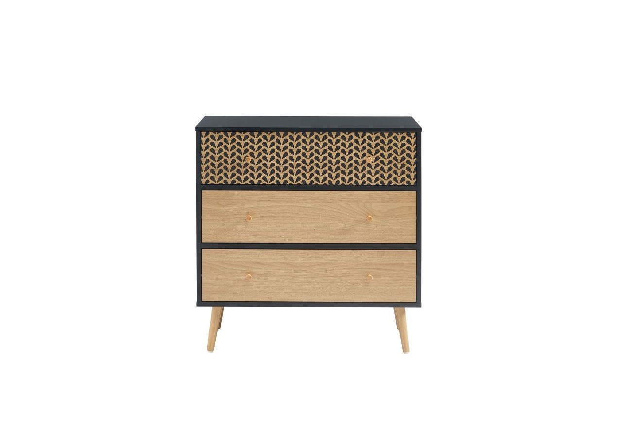 Commode CAPUCINE noir et effet chêne 3 tiroirs 78cm