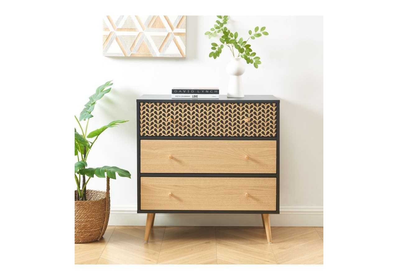 Commode CAPUCINE noir et effet chêne 3 tiroirs 78cm