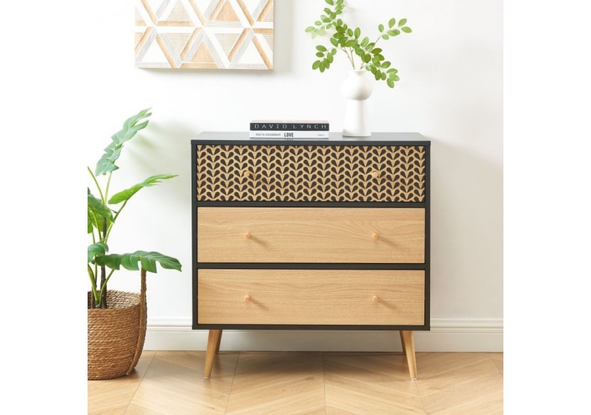 Commode CAPUCINE noir et effet chêne 3 tiroirs 78cm