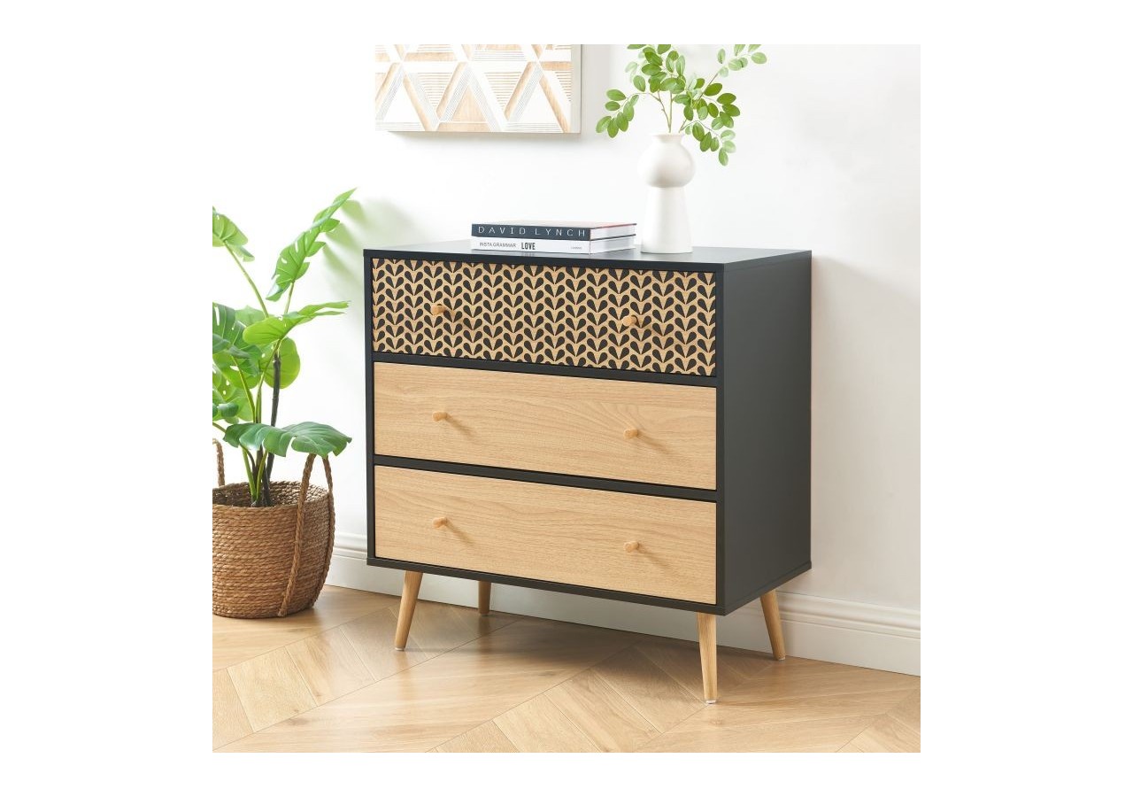 Commode CAPUCINE noir et effet chêne 3 tiroirs 78cm