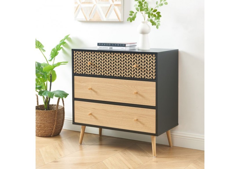 Commode CAPUCINE noir et effet chêne 3 tiroirs 78cm