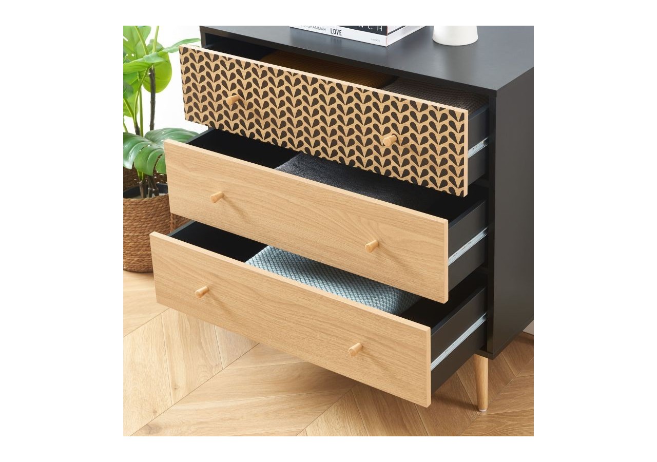 Commode CAPUCINE noir et effet chêne 3 tiroirs 78cm