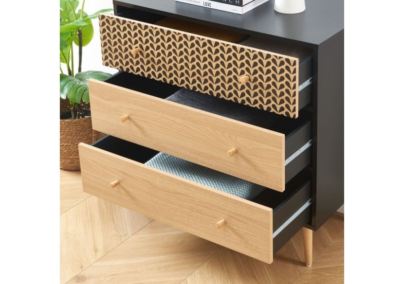 Commode CAPUCINE noir et effet chêne 3 tiroirs 78cm