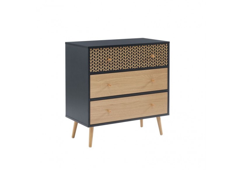 Commode CAPUCINE noir et effet chêne 3 tiroirs 78cm