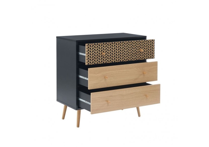Commode CAPUCINE noir et effet chêne 3 tiroirs 78cm