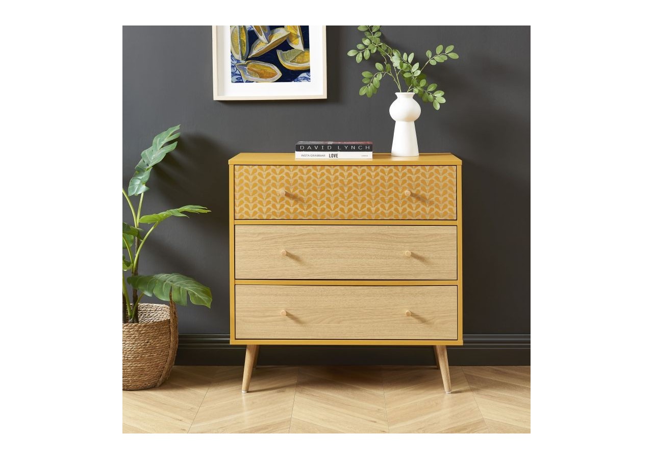 Commode CAPUCINE ocre et effet chêne 3 tiroirs 78cm