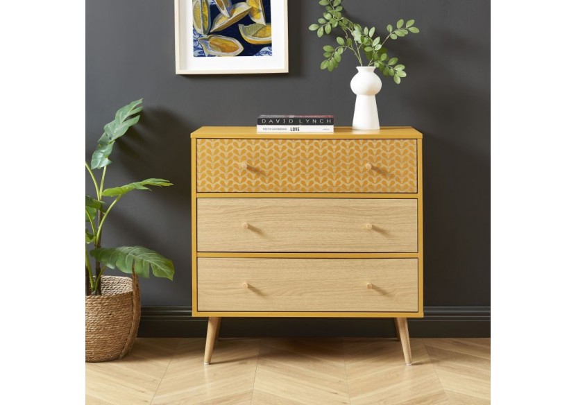 Commode CAPUCINE ocre et effet chêne 3 tiroirs 78cm