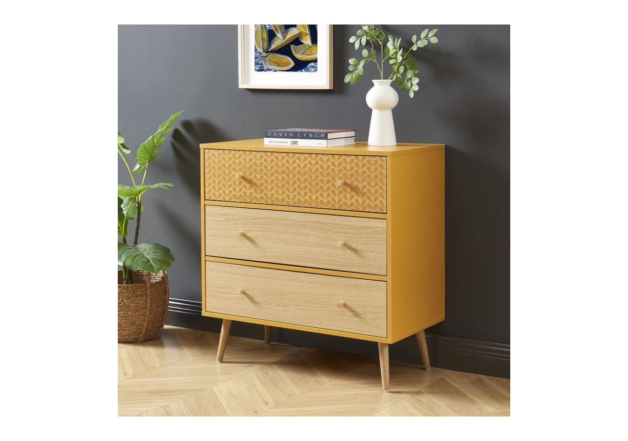 Commode CAPUCINE ocre et effet chêne 3 tiroirs 78cm