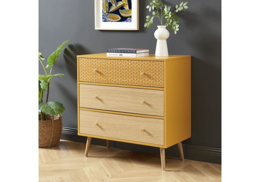 Commode CAPUCINE ocre et effet chêne 3 tiroirs 78cm