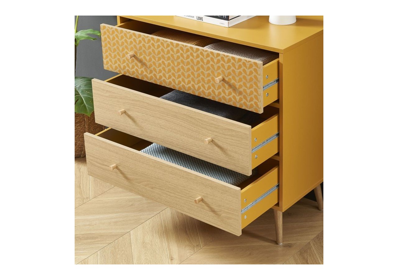 Commode CAPUCINE ocre et effet chêne 3 tiroirs 78cm