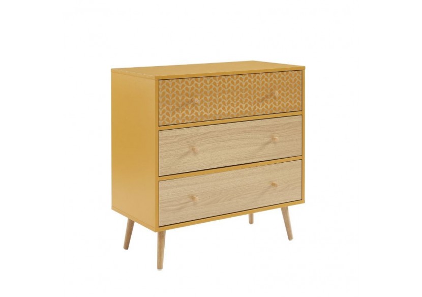 Commode CAPUCINE ocre et effet chêne 3 tiroirs 78cm
