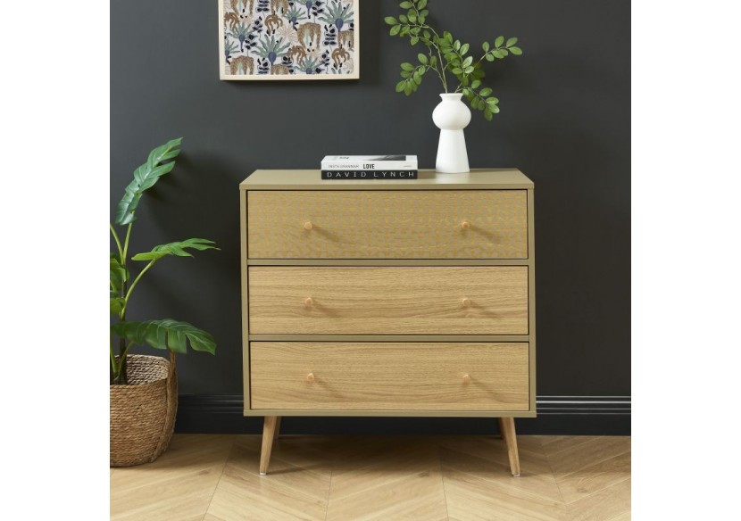 Commode CAPUCINE vert olive et effet chêne 3 tiroirs 78cm