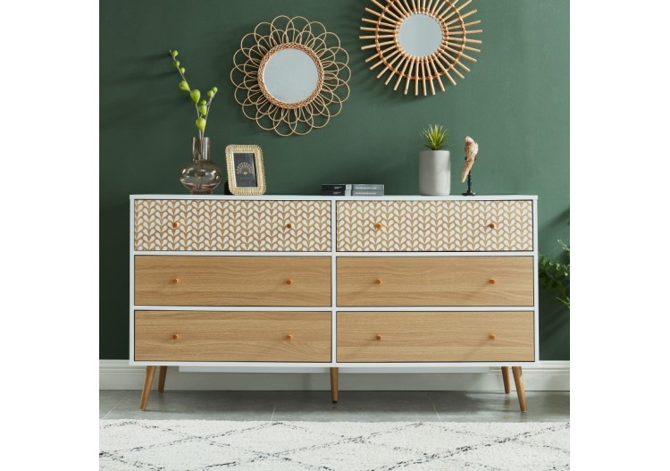 Commode CAPUCINE blanc et effet chêne 6 tiroirs 150cm 2