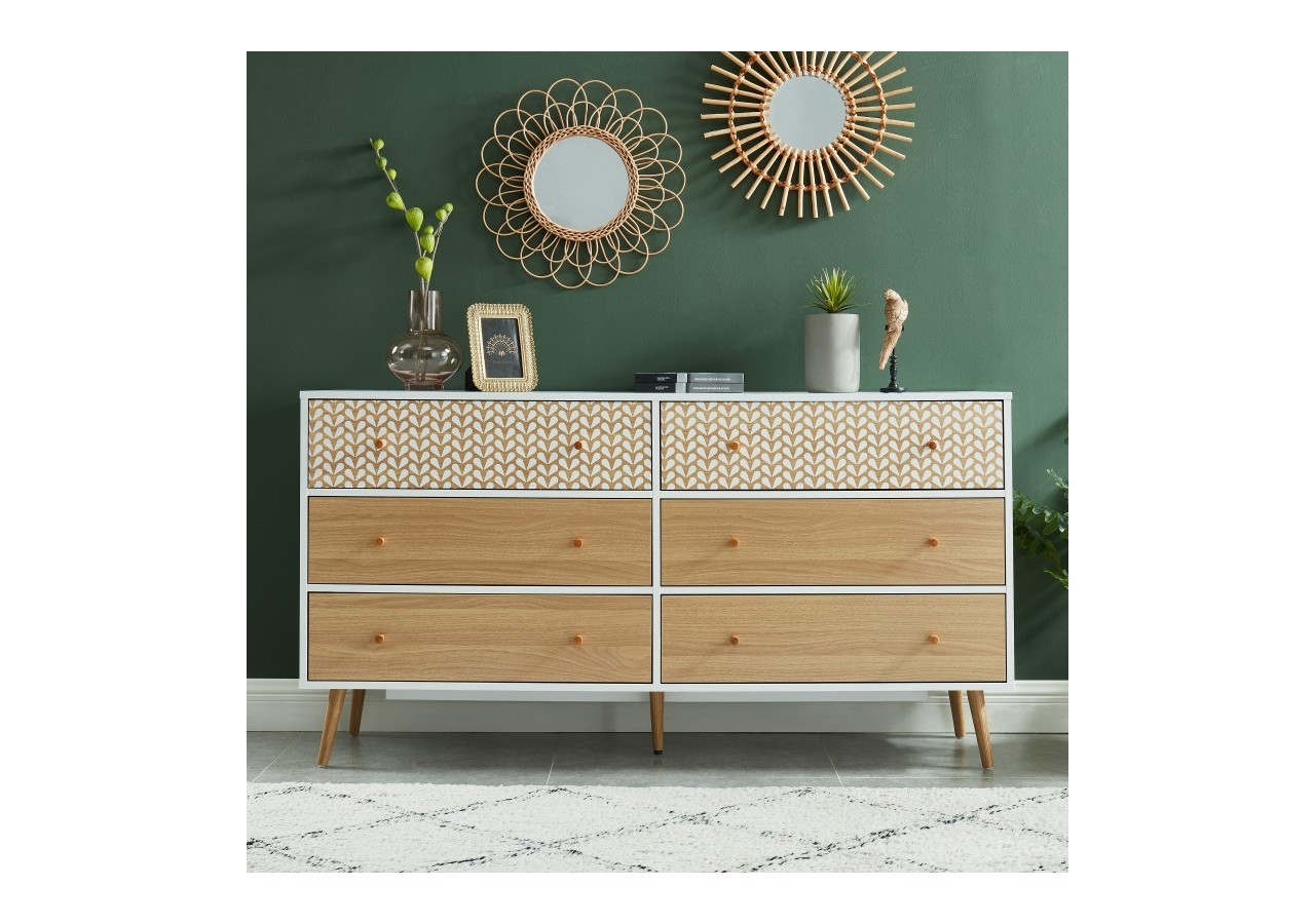 Commode CAPUCINE blanc et effet chêne 6 tiroirs 150cm