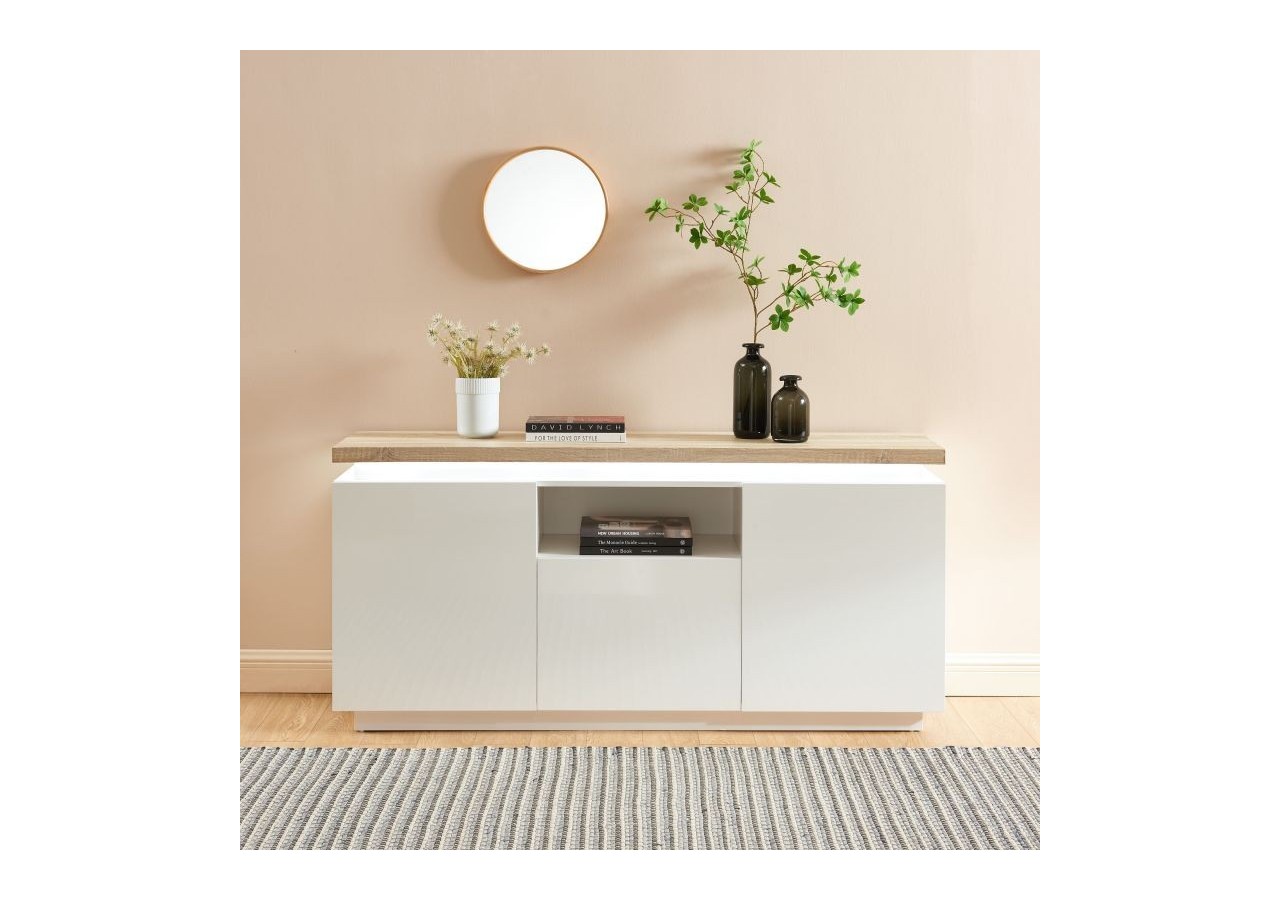 Buffet à led COSMOS laqué blanc et effet chêne l160cm