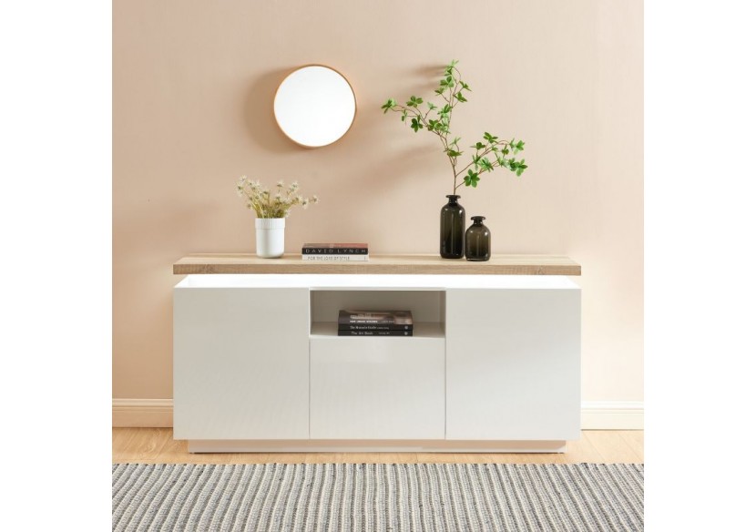 Buffet à led COSMOS laqué blanc et effet chêne l160cm