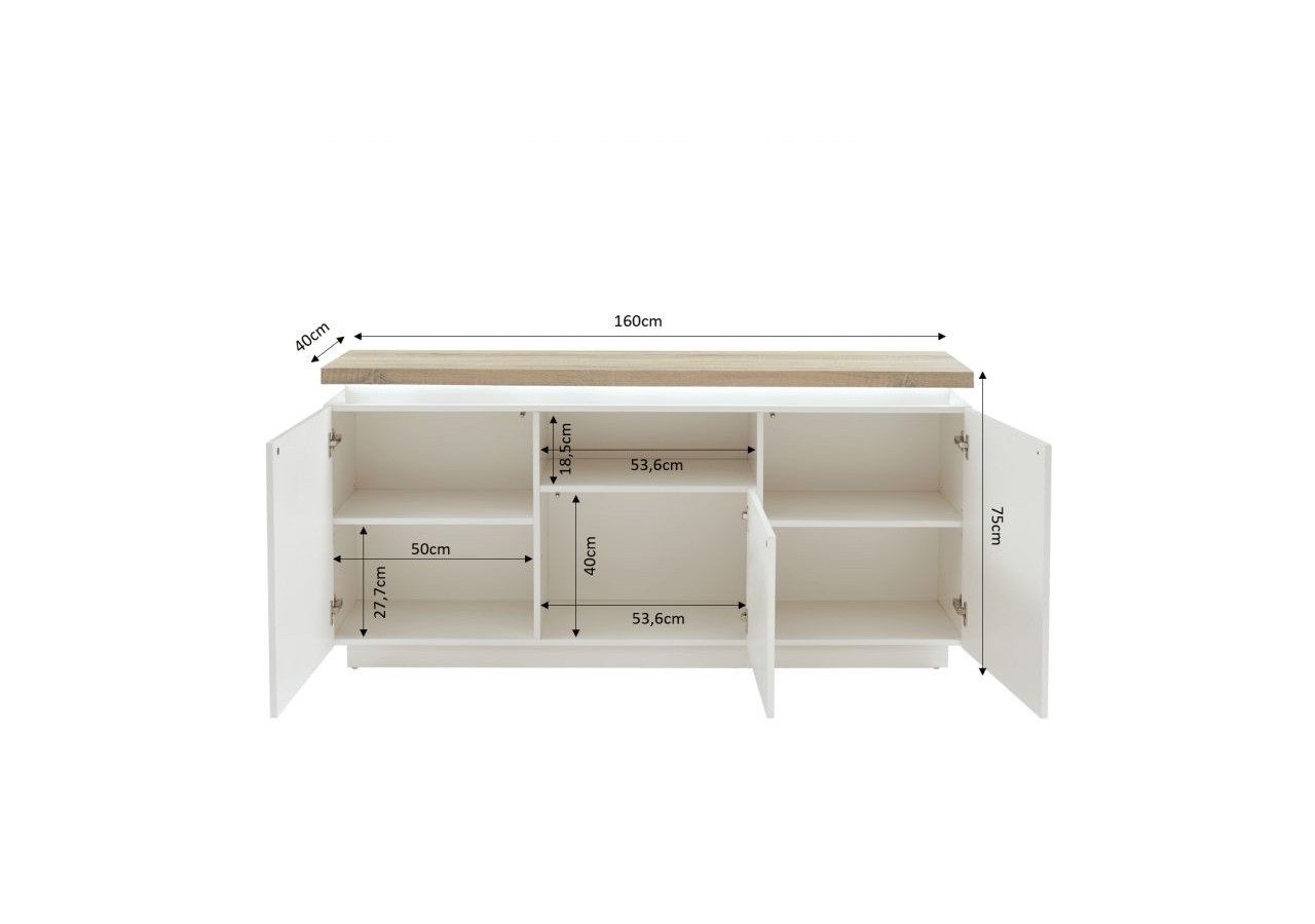 Buffet à led COSMOS laqué blanc et effet chêne l160cm