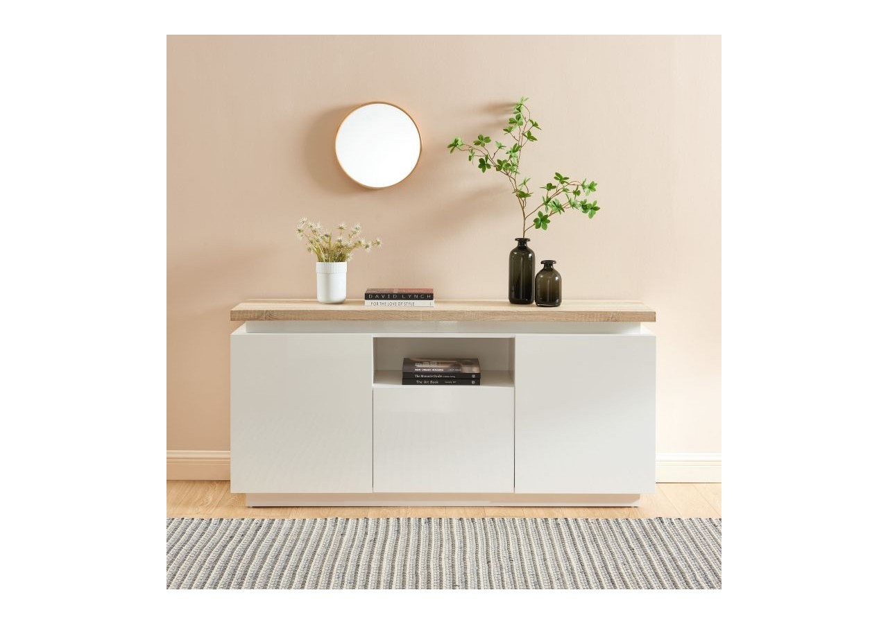 Buffet à led COSMOS laqué blanc et effet chêne l160cm