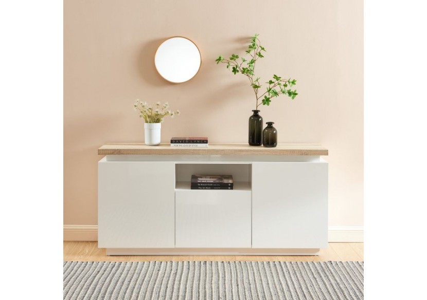 Buffet à led COSMOS laqué blanc et effet chêne l160cm