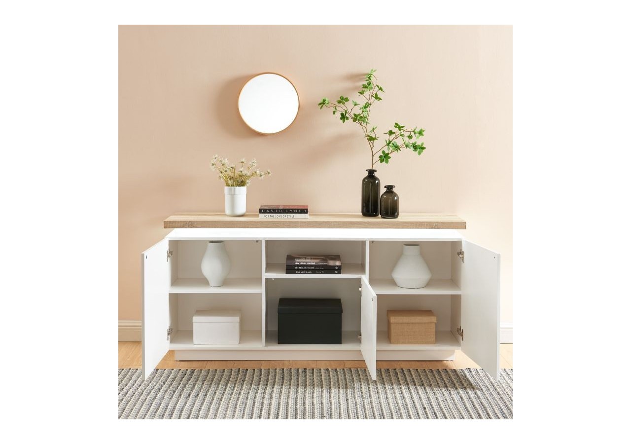 Buffet à led COSMOS laqué blanc et effet chêne l160cm