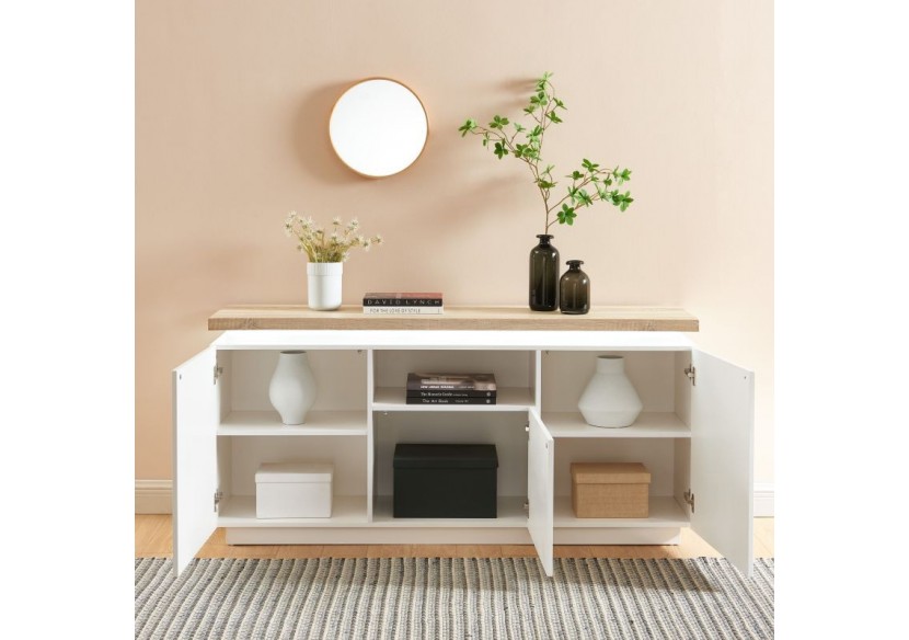 Buffet à led COSMOS laqué blanc et effet chêne l160cm