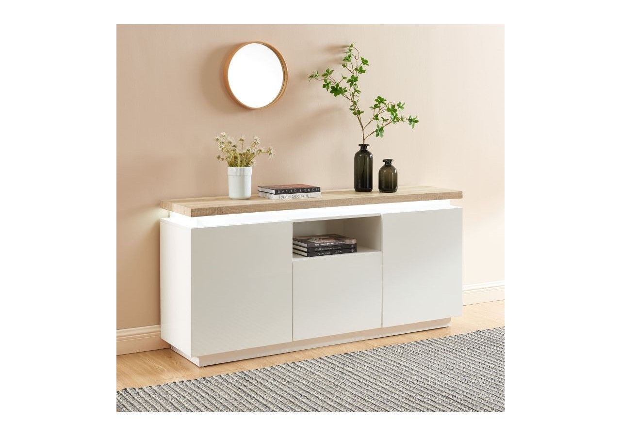 Buffet à led COSMOS laqué blanc et effet chêne l160cm