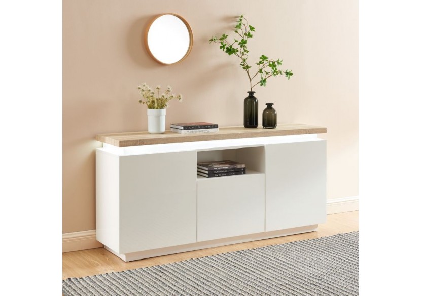 Buffet à led COSMOS laqué blanc et effet chêne l160cm