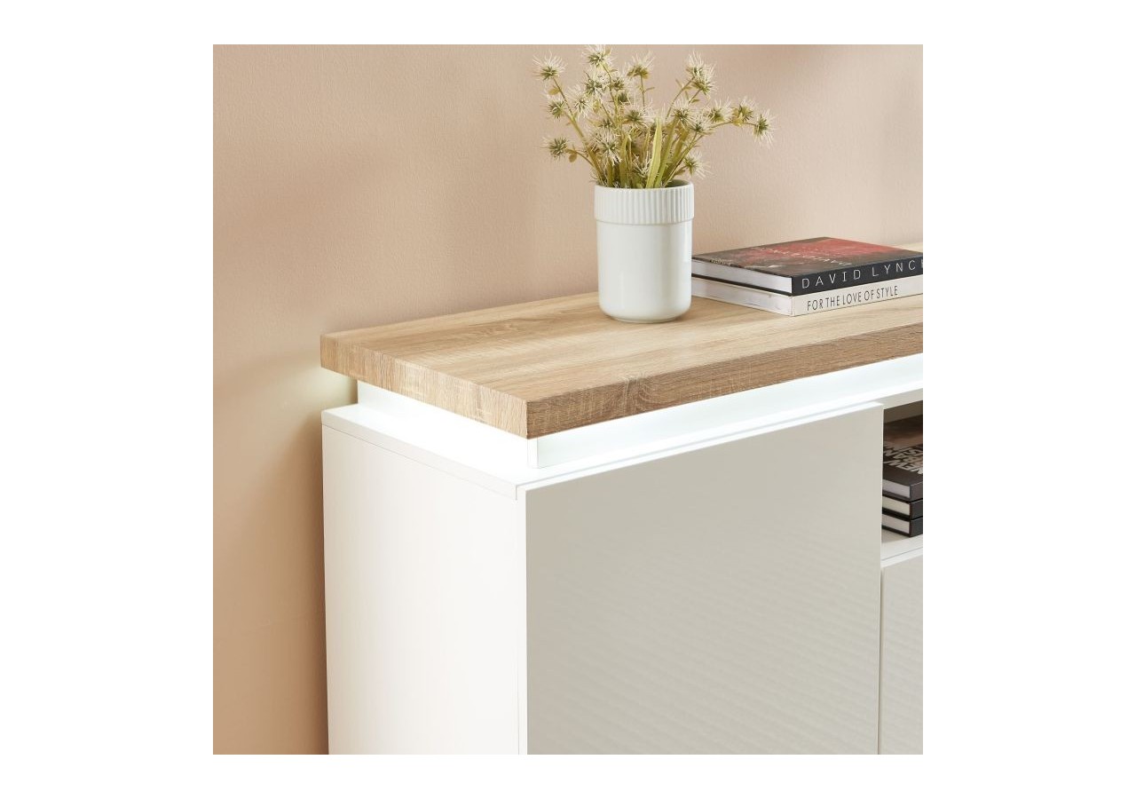 Buffet à led COSMOS laqué blanc et effet chêne l160cm
