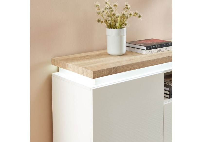 Buffet à led COSMOS laqué blanc et effet chêne l160cm
