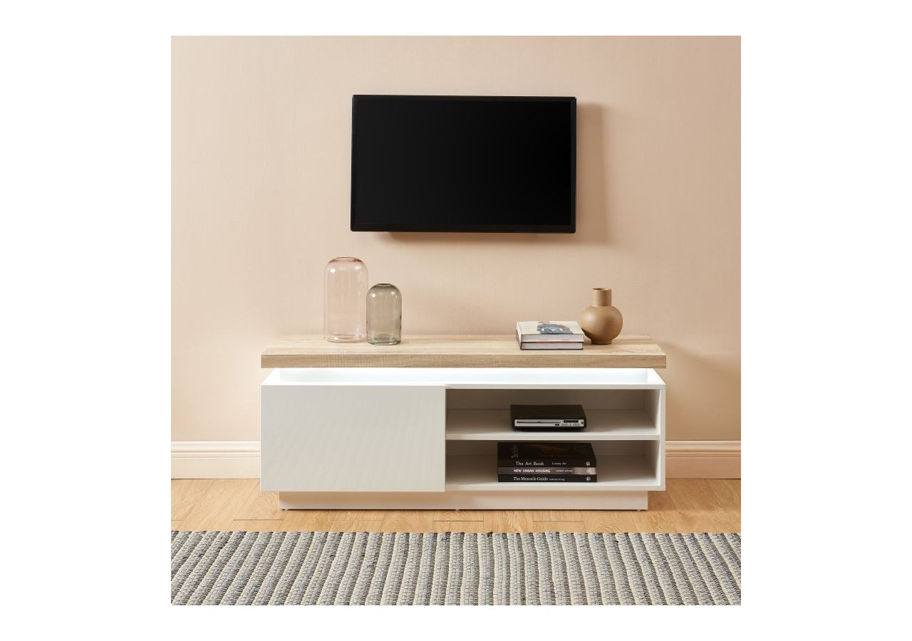 Meuble tv à led COSMOS laqué blanc et effet chêne l120cm