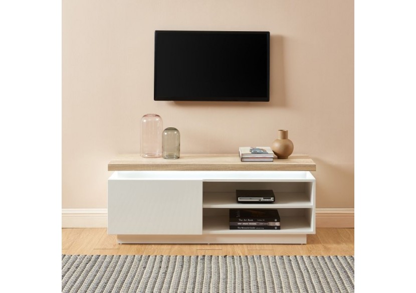 Meuble tv à led COSMOS laqué blanc et effet chêne l120cm