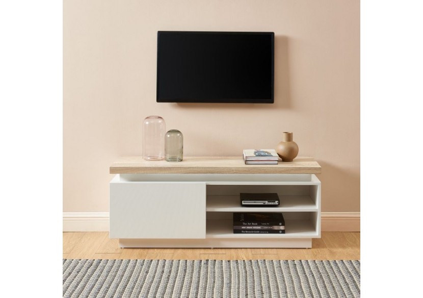 Meuble tv à led COSMOS laqué blanc et effet chêne l120cm