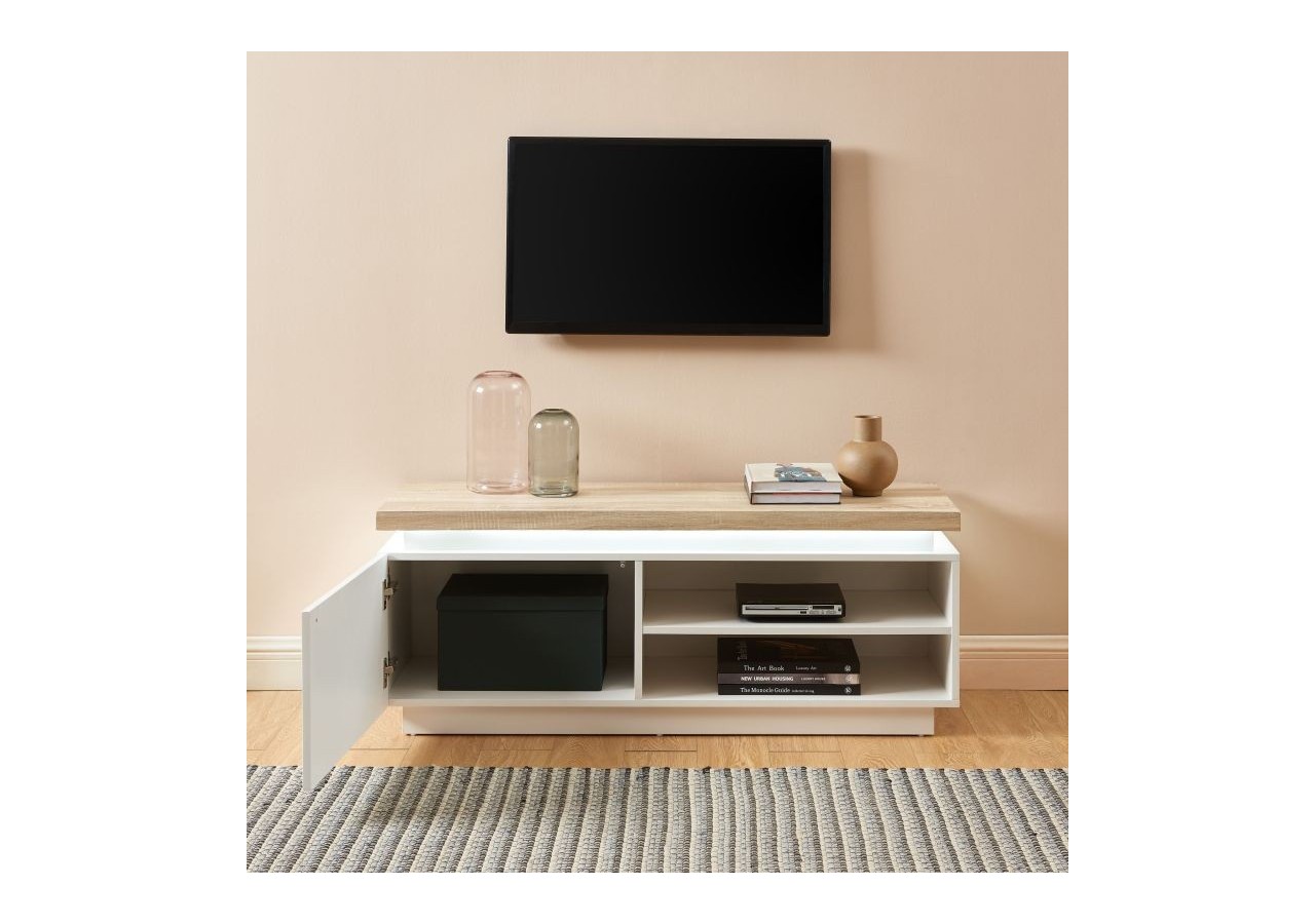 Meuble tv à led COSMOS laqué blanc et effet chêne l120cm