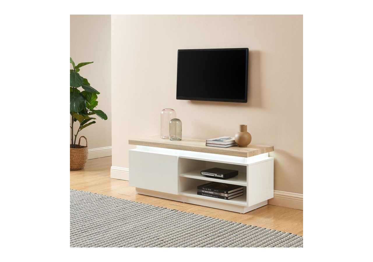 Meuble tv à led COSMOS laqué blanc et effet chêne l120cm