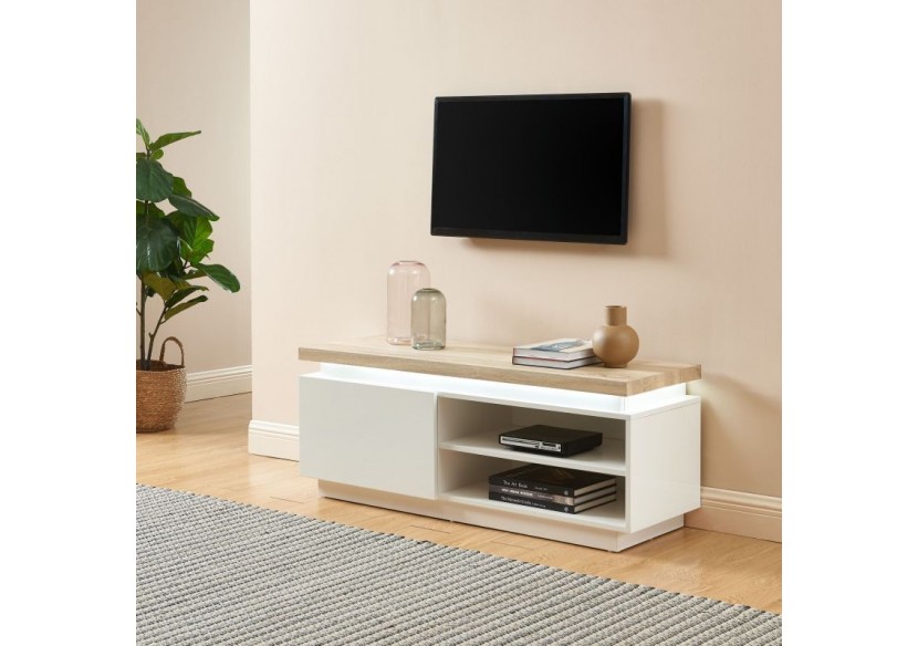Meuble tv à led COSMOS laqué blanc et effet chêne l120cm