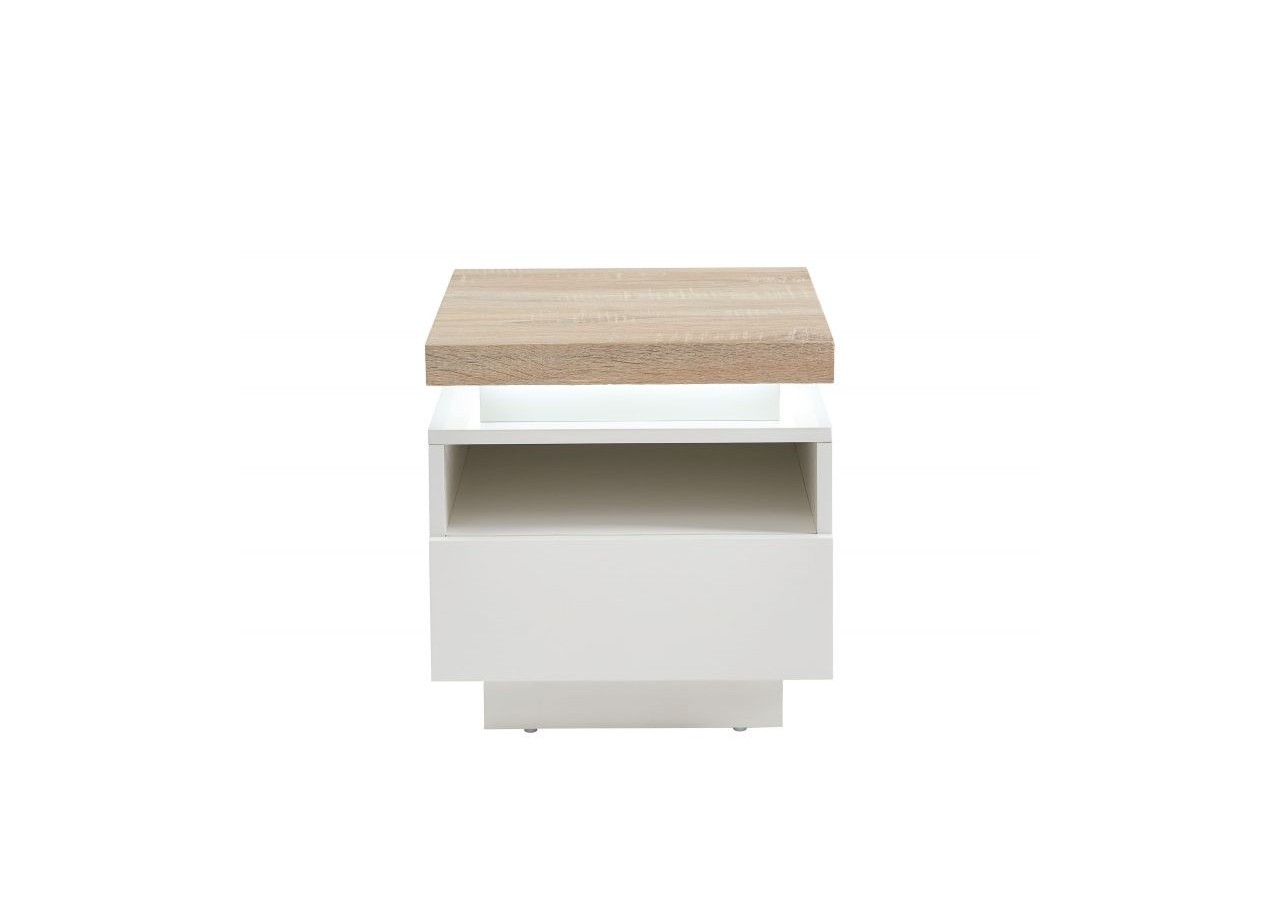 Table de chevet à led COSMOS laqué blanc et effet chêne 1 tiroir