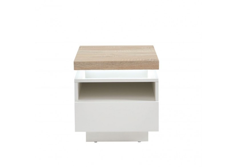 Table de chevet à led COSMOS laqué blanc et effet chêne 1 tiroir