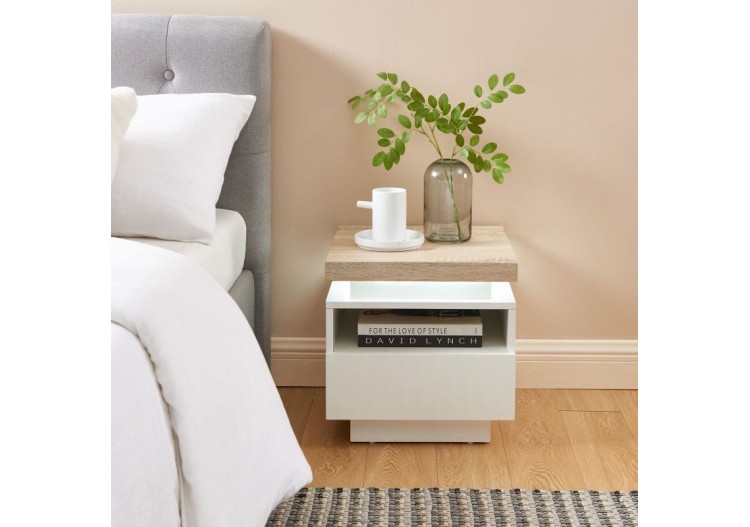 Table de chevet à led COSMOS laqué blanc et effet chêne 1 tiroir 2