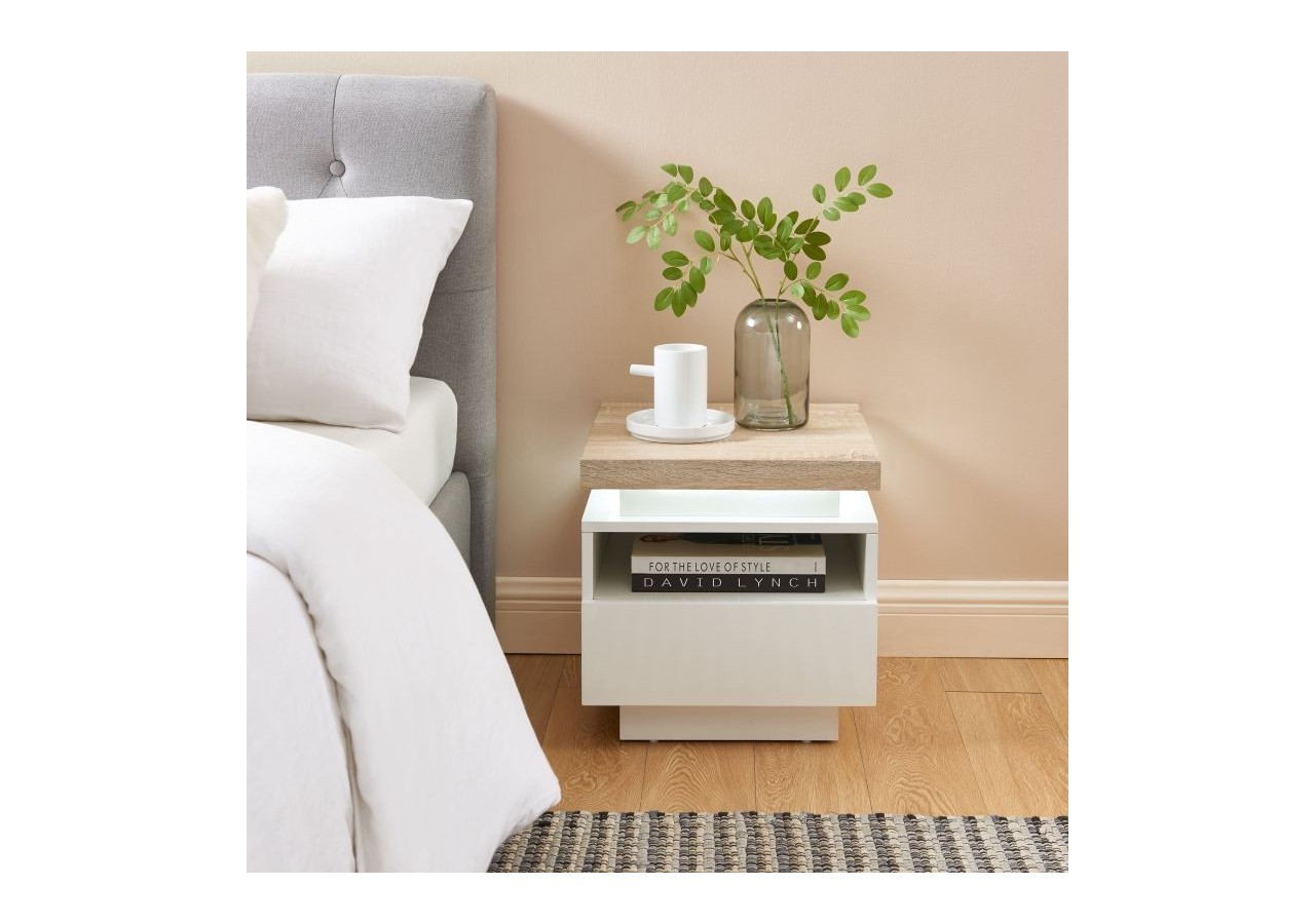 Table de chevet à led COSMOS laqué blanc et effet chêne 1 tiroir